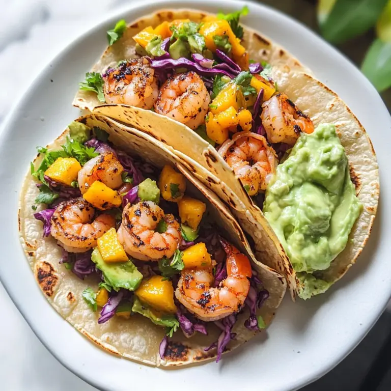 Spicy Shrimp Tacos with Mango Slaw and Avocado Crema